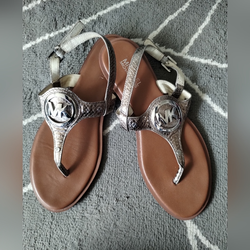 Michael Kors Metallic Silver Logo Toe-Post Sandals with Brown Footbed